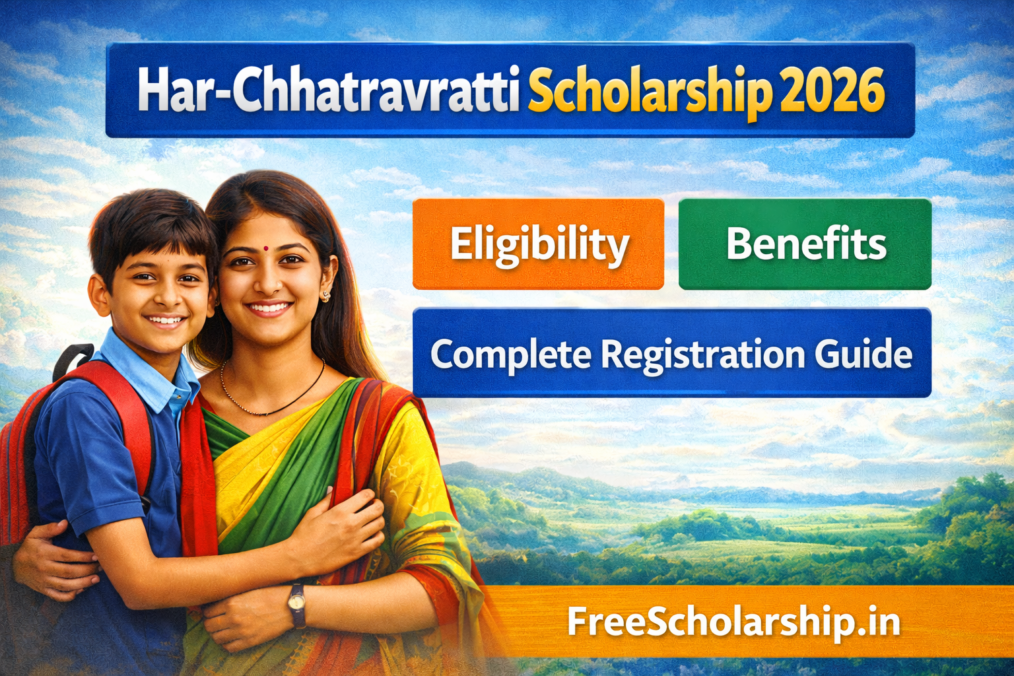 Har-Chhatravratti Scholarship 2026 promotional image showing students with eligibility, benefits and complete registration guide information for Haryana scholarship applicants.