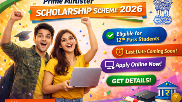 Prime Minister Scholarship Scheme 2026 infographic showing eligibility for 12th pass students, online application process and government scholarship details