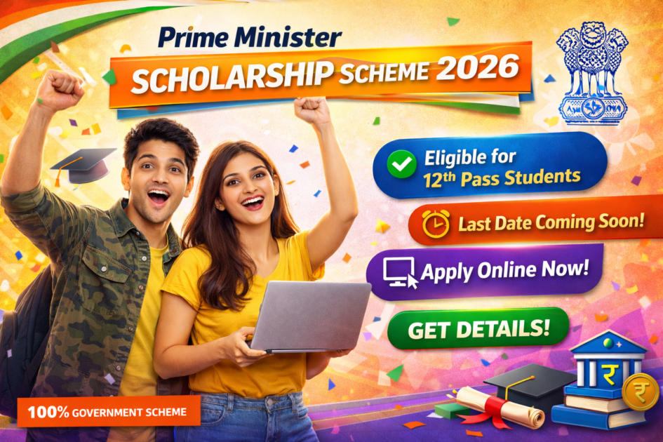 Prime Minister Scholarship Scheme 2026 infographic showing eligibility for 12th pass students, online application process and government scholarship details