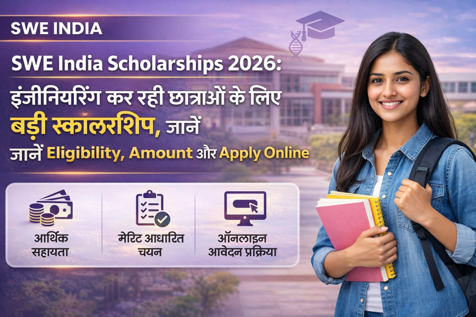 SWE India Scholarships 2026 बैनर जिसमें इंजीनियरिंग छात्राओं के लिए बड़ी स्कॉलरशिप, eligibility, amount और online application process की जानकारी दर्शाई गई है।