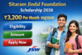 Sitaram Jindal Foundation Scholarship 2026 banner showing ₹3,200 per month assistance, eligibility details, apply now button, JSW logo and two students image.