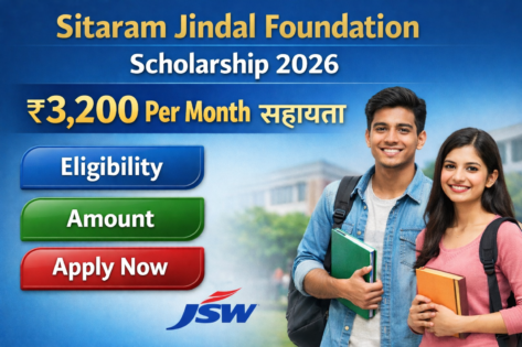 Sitaram Jindal Foundation Scholarship 2026: ₹3,200 Per Month तक की सहायता – Eligibility, Amount, Apply Before Last Date Sitaram Jindal Foundation Scholarship 2026 banner showing ₹3,200 per month assistance, eligibility details, apply now button, JSW logo and two students image.
