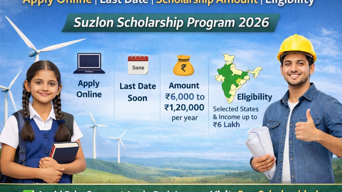 Suzlon Scholarship 2026 ऑनलाइन आवेदन, स्कॉलरशिप राशि, पात्रता और अंतिम तिथि